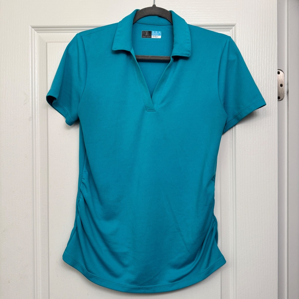 PGA Tour Airflux Womens Teal Blue Short Sleeve Golf Polo Shirt V-Neck Ruched M